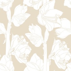 Hand drawn sketch illustration of lilies flowers seamless pattern. Floral beige background, backdrop element for fabric, textile design, wedding.