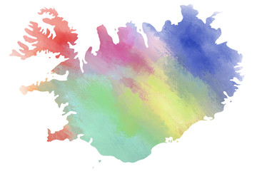 Colorful watercolor Icelandl map on canvas background. Digital painting.