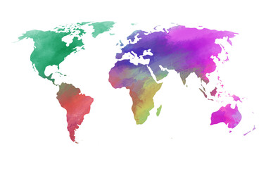 Fototapeta na wymiar Colorful watercolor world map on canvas background. Digital painting.