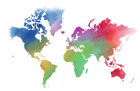 Colorful watercolor world map on canvas background. Digital painting.