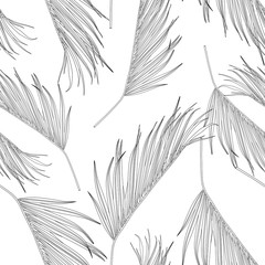 Coconut palm leaves by hand drawing and sketch with line-art seamless pattern on white backgrounds.