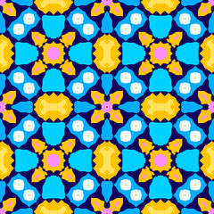 Colorful kaleidoscope seamless pattern with decorative ornaments. Ornamental vivid background. Blue, yellow, purple shapes and blue background. Pattern for fill inside. For wall tile, floor, kitchen, 