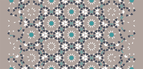Arabesque vector seamless pattern. Geometric halftone texture with color tile disintegration or breaking