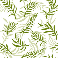 Tropical vector green leaves seamless pattern white background. Exotic wallpaper. Floral seamless pattern - Vector.