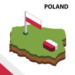 Isometric map and flag of Poland. 3D isometric Vector Illustration	