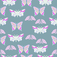 Beautiful colorful tropical butterflies on Seamless background.   Fabric, wallpaper, bedding design.Vector illustration