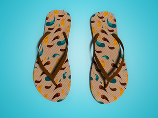 Modern mens beach slippers with blots 3D render on blue background with shadow