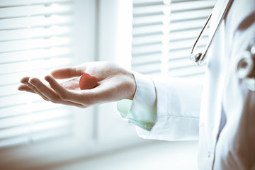 Close up of unknown female doctor with stethoscope holding heart near the window in hospital