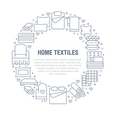 Home textiles circle template with flat line icons. Bedding, bedroom linen, pillows, sheets set, blanket and duvet illustrations. Blue white thin signs for interior store