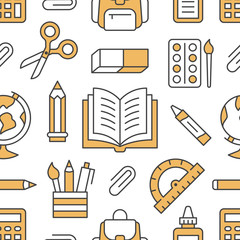 School supplies seamless pattern with line icons. Study tools background - globe, calculator, book, pencil, scissors, vector illustration. Yellow, black, white wallpaper for stationery sale brochure