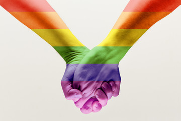 Right to choose your own way. loseup shot of a gay couple holding hands, patterned as the rainbow flag isolated on white studio background. Concept of LGBT, activism, community and freedom. - obrazy, fototapety, plakaty