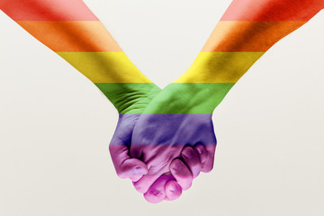 Right to choose your own way. loseup shot of a gay couple holding hands, patterned as the rainbow flag isolated on white studio background. Concept of LGBT, activism, community and freedom.