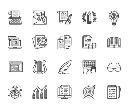 Copywriting Flat Line Icons Set. Writer Typing Text, Social Media Content, E-mail Newsletter, Creative Idea, Typewriter Vector Illustrations. Writing Thin Signs. Pixel Perfect 64x64. Editable Strokes