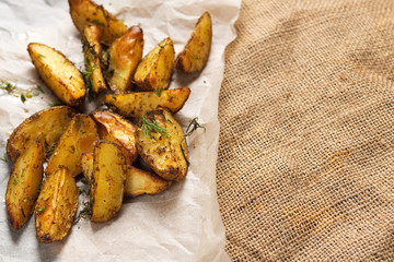 Country potatoes with dill and spices copy space