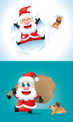 A cute Santa and his reindeer in various posts, with colourful backgrounds. Vector.