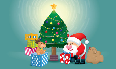 A cute Santa and his reindeer is preparing presents under the Christmas tree. Vector.