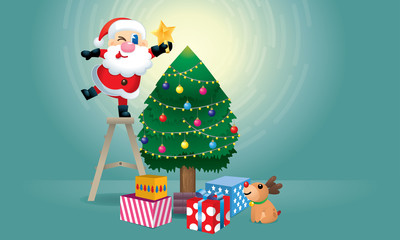 A cute Santa and his reindeer is decorating the Christmas tree. Vector.