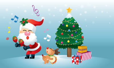 A cute Santa and his reindeer is singing and dancing under the Christmas tree. Vector.