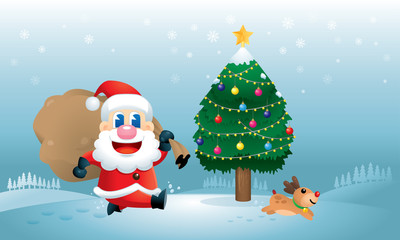 A cute Santa and his reindeer is busy sending Christmas presents. Vector.