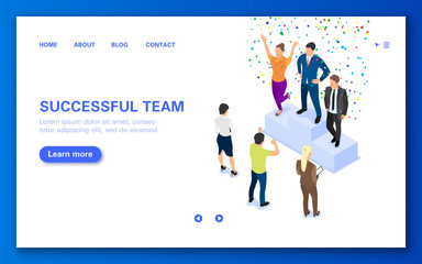 Concept winners team on a pedestal. Web banner with a group of people.