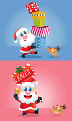 A cute Santa and his reindeer in various posts, with colourful backgrounds. Vector.