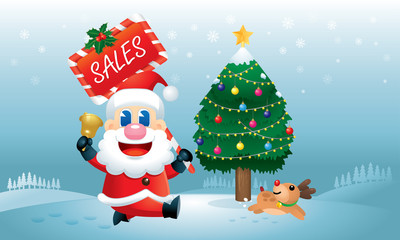 A cute Santa and his reindeer is running with a Christmas Sales promotion board carrying on his hand. Vector.