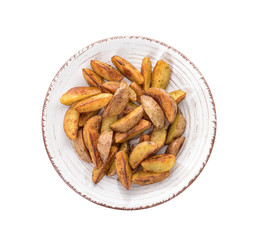 Plate with tasty baked potato on white background