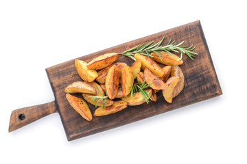 Board with tasty baked potato on white background