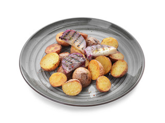 Plate with tasty baked potato on white background