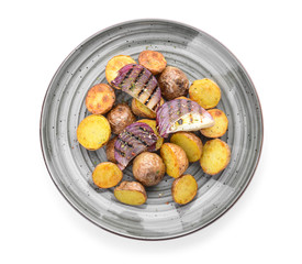 Plate with tasty baked potato on white background