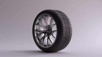 Obraz premium Alloy Rim Wheel with a Complex 14 Spoke Offset Open Wheel Design Silver Chrome with Racing Tyre 3d illustration 3d render