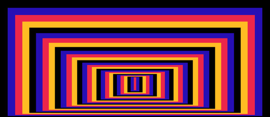Optical background with striped color rectangles. Deep immersion, space tunnel, architectural corridor. Hypnotic multicolored texture, op art abstraction.