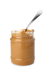 Jar with peanut butter on white background
