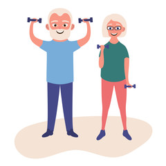 Old man and woman doing fitness exercises with dumbbells together. Elderly people active lifestyle. Vector illustration