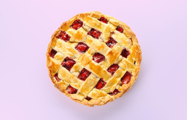 Tasty strawberry pie on white background