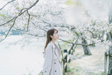 桜と女性