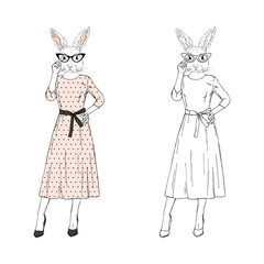 Humanized nerdy bunny girl hipster dressed up in dress. Hand drawn vector illustration. Furry art image. Anthropomorphic animal.