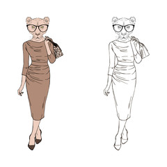 Humanized lioness lady hipster dressed up in classy dress. Hand drawn vector illustration. Furry art image. Anthropomorphic animal.