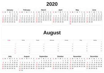 2020 a monthly calendar  with white background.