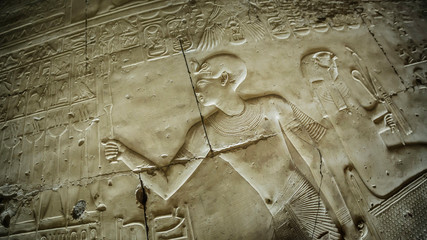 Detail of the relief, drawing with hieroglyphs based on the mythology of ancient Egypt - Temple of Sethy the First at Abydos - Middle Egypt