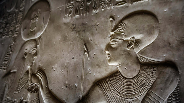 Detail of the relief, drawing with hieroglyphs based on the mythology of ancient Egypt - Temple of Sethy the First at Abydos - Middle Egypt