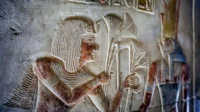 Detail of the relief, drawing with hieroglyphs based on the mythology of ancient Egypt - Temple of Sethy the First at Abydos - Middle Egypt