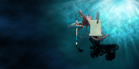 Naklejka premium Octopus the calligrapher writes with his ink – blank paper for your caption