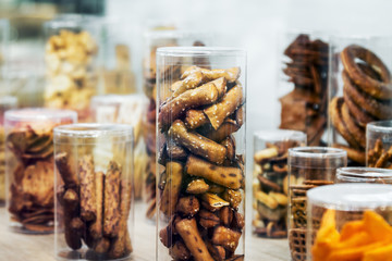 cookies, crackers, crackers and other snacks in boxes