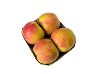 Four large ripe apples per package on a white background.