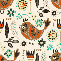Tribal bird seamless vector pattern.
