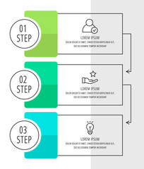 Modern vector flat illustration. Infographic template with three elements, icons, circles, box. Timeline designed for business, presentations, web design, interface, education, diagrams with 3 steps