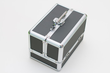makeup artist metal suitcase on white background