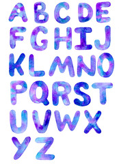 Watercolor font space inspired alphabet. Isolated typographic design elements. Raster format.