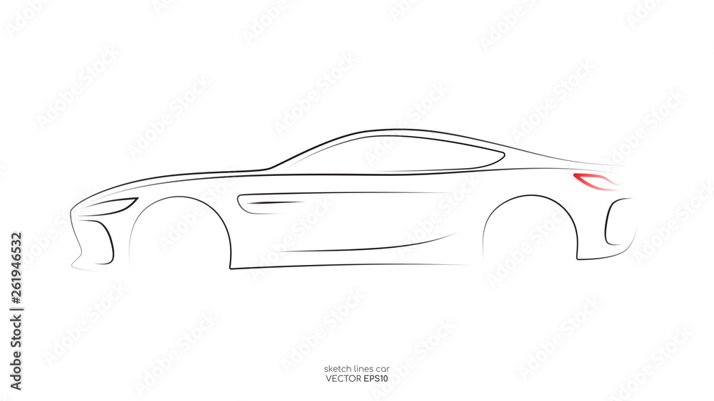 Poster modern car sketch line silhouette side view isolated on white background. vector illustration in con